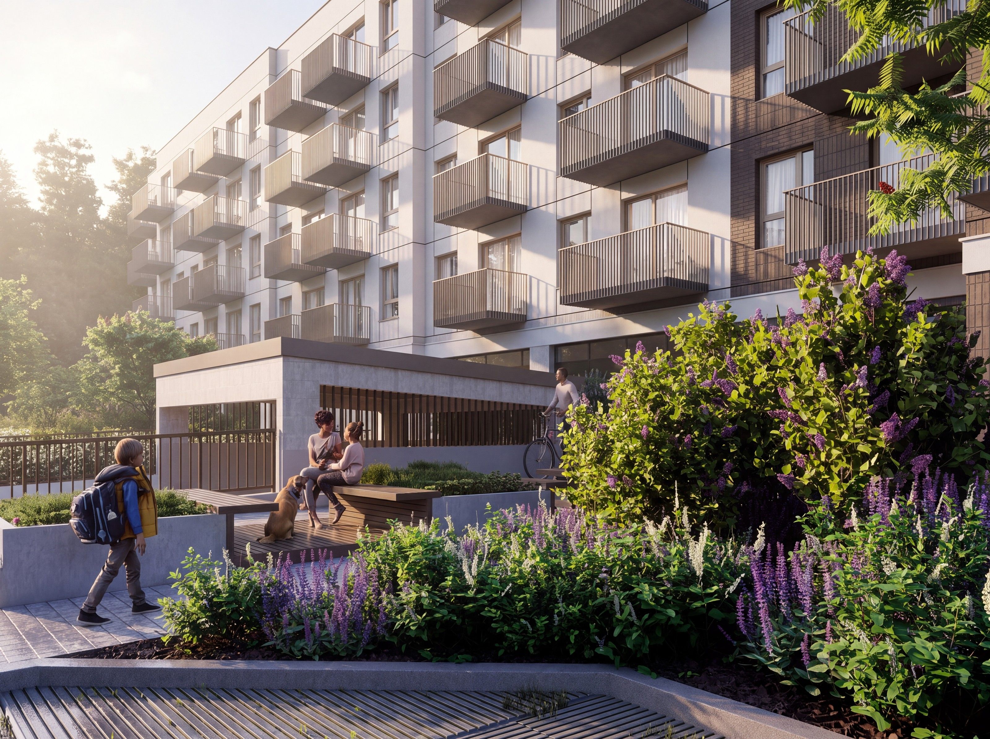 Wizualizacja przestrzeni wspólnej przy budynku S19, zieleń i mała architektura