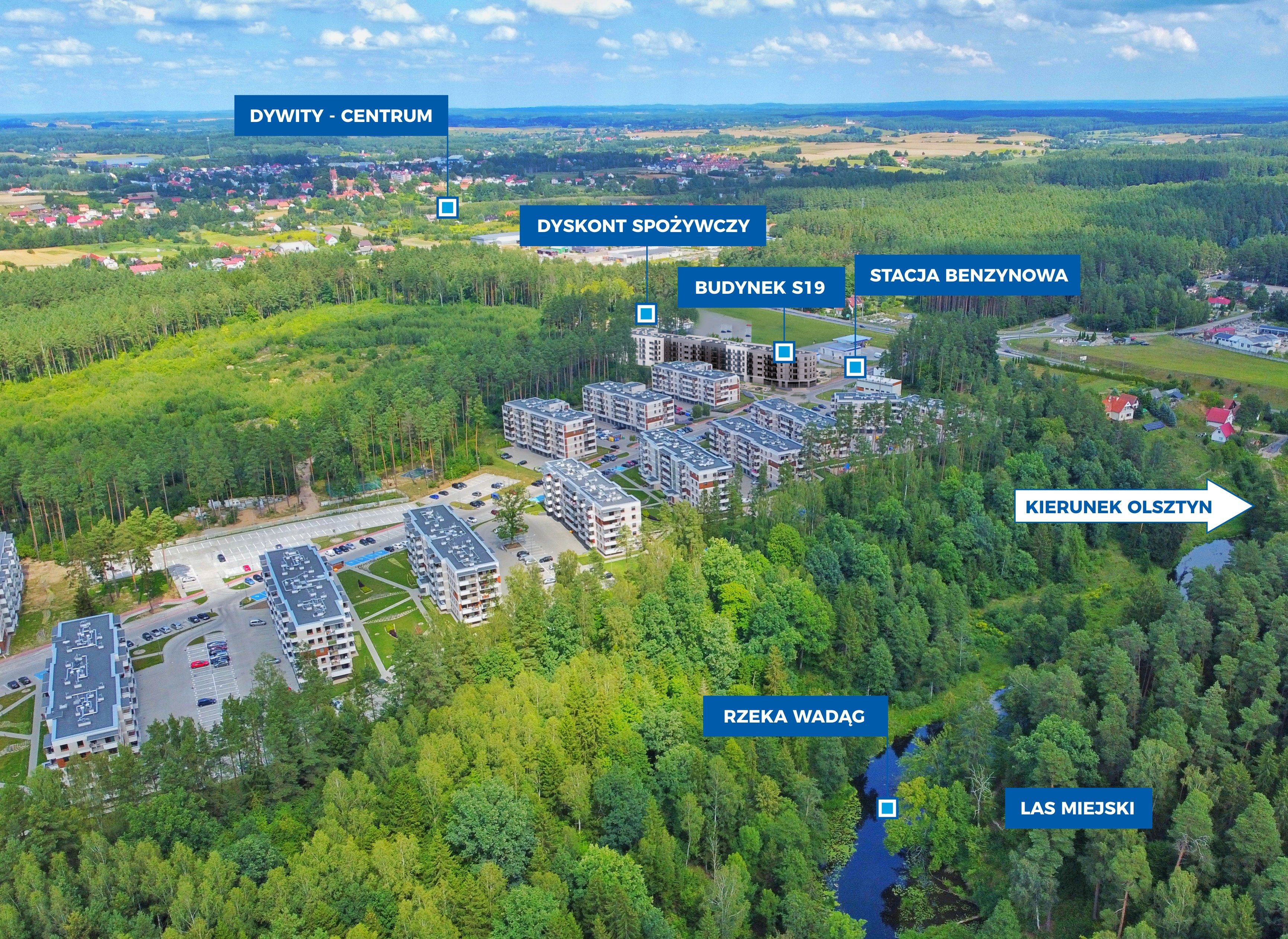 Osiedle Sterowców z lotu ptaka: budynki osiedla wśród lasu, Budynek S19 przy wjeździe obok dyskontu spożywczego i stacji benzynowej, w tle Dywity-Centrum, na pierwszym planie rzeka Wadąg i Las Miejski